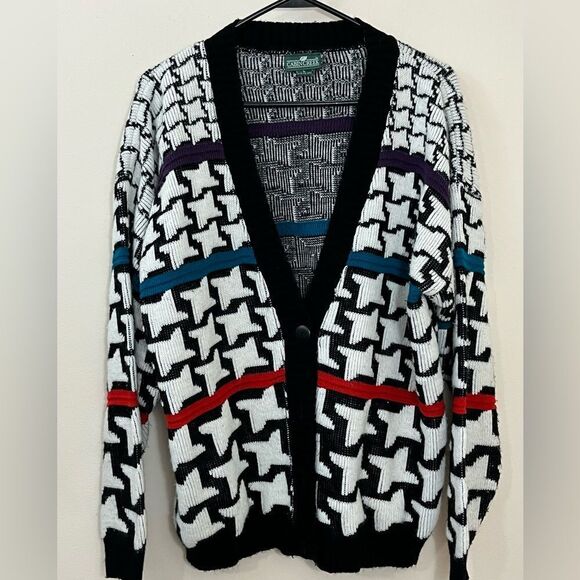 Vintage 90’s Cabin Creek Artsy Bold Print Acrylic Cardigan Sweater L - Picture 1 of 7